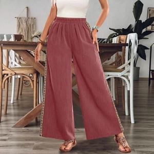 Boho-Hose in Ziegelrot mit weitem Bein,民族-Webband und bequemem elastischem Bund