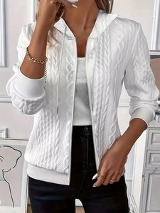 Women's white cable knit hoodie jacket with zipper closure and long sleeves