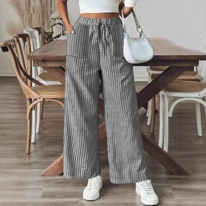 Women high waist wide leg vertical striped trousers with drawstring and dual front pockets