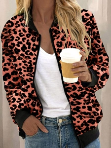 Detail of leopard print bomber jacket featuring black ribbed cuffs and zip front closure
