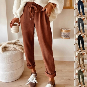Women's corduroy wide-leg trousers with elastic drawstring waist in caramel brown color