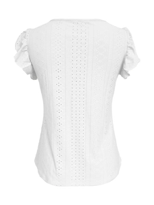 Detail view showing white hollow-out embroidery fabric and ruffled sleeves of the summer top
