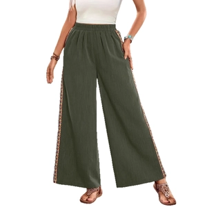 Armeegrüne Weite Hose mit hoher Taille und ethnischem Stickmuster an der Seite