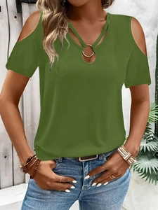 Detail of army green v-neck t-shirt featuring cold shoulder cutouts and metal ring accents