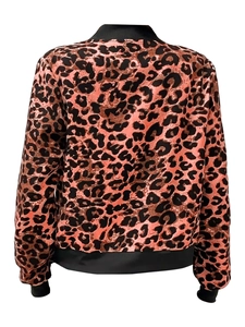 Back view of leopard print jacket with black ribbed collar and cuffs detail