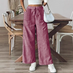 Elegant deep burgundy and white striped wide-leg pants with drawstring elastic waist