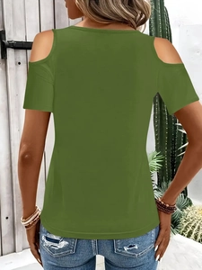 Back view of army green cold-shoulder short sleeve T-shirt with casual slim fit design