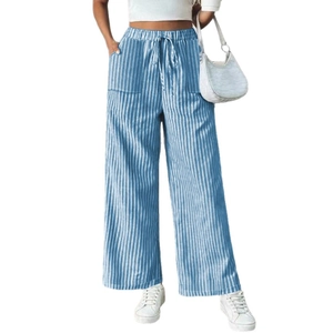 Women's high waist wide leg striped trousers with drawstring and side pockets