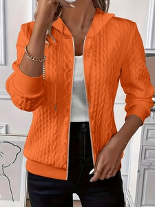 Women's cable-knit zip-up hooded jacket in bright orange with warm ribbed texture
