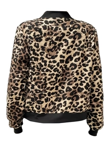 Back view of leopard print bomber jacket featuring black ribbed cuffs and hem detail