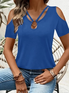 Detail of royal blue cold shoulder T-shirt with V-neck cross straps and metal ring accent