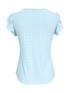 Detail of light blue eyelet embroidery fabric and ruffle sleeves on the women's top