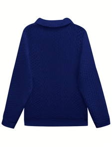 Detailed back view of navy blue long sleeve sweatshirt showing intricate knit pattern textures