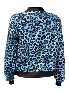 Back view of leopard print baseball jacket with blue pattern and black ribbed hem details