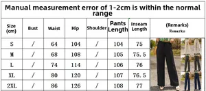 Detailed size chart for women's high waist wide leg pants showing multi-color options