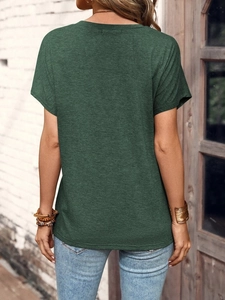 Outdoor view of women's dark green heather short sleeve t-shirt with knit texture detail