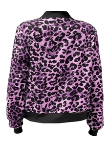 Rear view of purple leopard print bomber jacket with black ribbed cuffs and satin finish