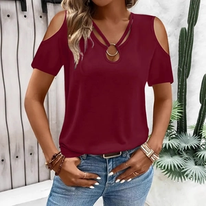 Women cold shoulder t-shirt in burgundy with cross V-neck and metal ring detail