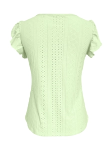 Detailed back view of mint green V-neck top with intricate eyelet embroidery and ruffle sleeves