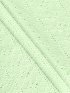 Close-up of light green lace fabric with geometric diamond hollow texture and embroidery