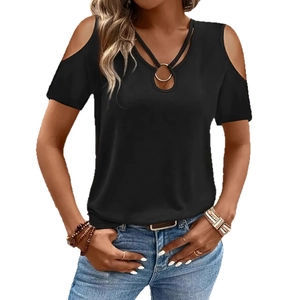 Women's black cold shoulder t-shirt with criss-cross v-neck and metal ring detail