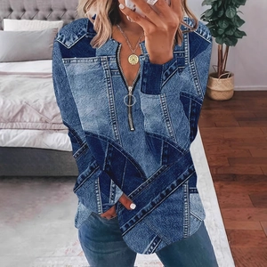 Haut décontracté à col en V pour femmes avec imprimé denim et fermeture éclair