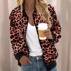 Women's leopard print zip-up bomber jacket with rib-knit trim in autumn style