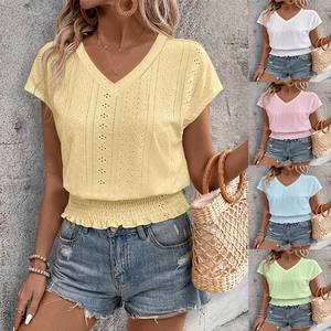 Women V Neck Eyelet Embroidery T-Shirt Casual Short Sleeve Smocked Hem Peplum Summer Top Boho Vacation Ruffle Trim Tee