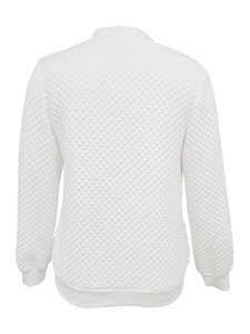 Back view of a white quilted long-sleeve knit jacket with diamond pattern and ribbed trim