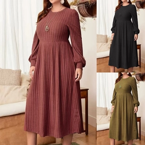 Women's Plus Size Ribbed Knit Long Sleeve Dress Elegant Round Neck Solid Color High Waist A-Line Swing Maxi Dress For Autumn