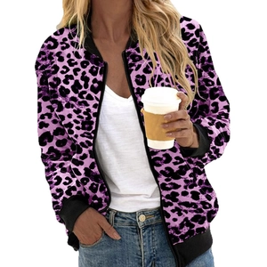 Women's purple leopard print bomber jacket with full zipper and ribbed stand collar