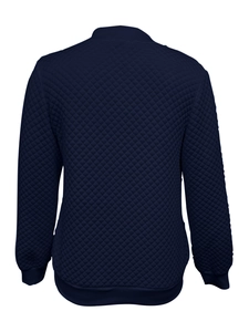 Back view of navy blue quilted jacket with diamond patterns and ribbed knit trims