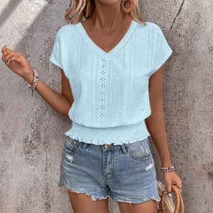 Women's light blue V-neck eyelet embroidery t-shirt with smocked hem for casual summer wear