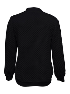 Detail view of the diamond-quilted texture on back of black long-sleeved jacket