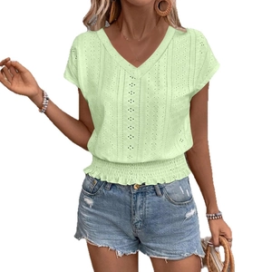 Women's light green V-neck short sleeve shirt with eyelet embroidery and elastic waist