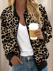 Women's leopard print bomber jacket with black ribbed collar and zipper closure