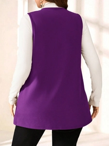 Rear view of a dark purple sleeveless long vest showing elegant drape and relaxed fit