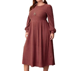 Women's plus size knit dress in dark red featuring a ribbed texture and long sleeves