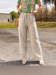 Women's casual wide leg linen pants in beige with drawstring waist and side pockets