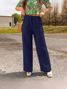 Relaxed fit dark blue cotton linen wide leg trousers with elastic drawstring waist