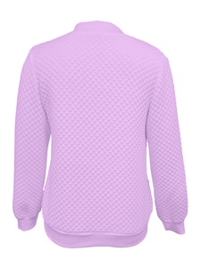 Detail view of the quilted diamond pattern and ribbed hem on lavender long sleeve jacket