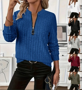 Detail of rib-knit fabric texture and decorative metal ring zipper on long sleeve top