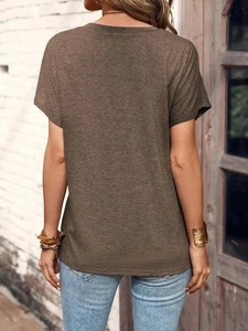 Rear view of a casual olive green short sleeve knit t-shirt with textured fabric