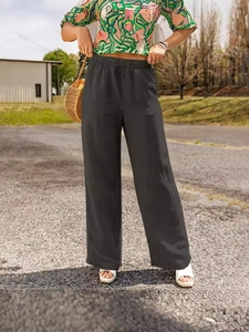Women's casual dark grey cotton linen wide leg trousers with elastic drawstring waist