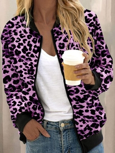 Women's light purple leopard print bomber jacket with black ribbed trim and zipper closure