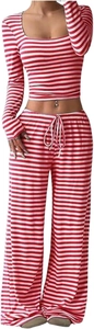 Detail of red and white striped ribbed knit fabric on high waist wide leg pants