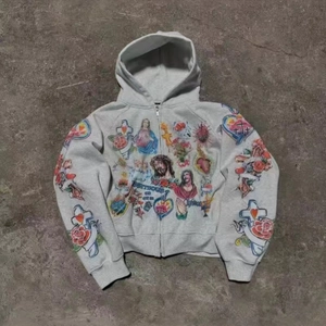 Women Retro Religious Print Zip Up Hoodie Gothic Jesus Virgin Mary All Over Printed Sweatshirt Streetwear Casual Top