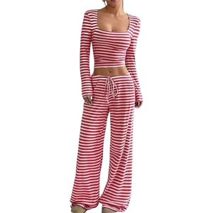 Women's red and white striped high waist wide leg pants set with long sleeve U-neck crop top