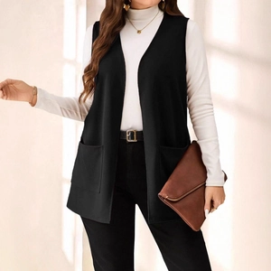 Women's black sleeveless vest jacket with large front pockets in professional style
