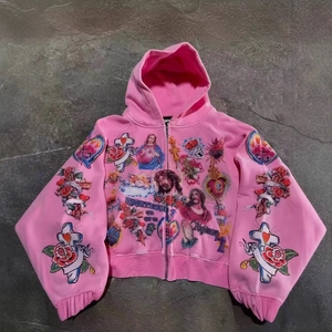 Pink cropped zip-up hoodie with Righteous religious prints and lantern sleeves